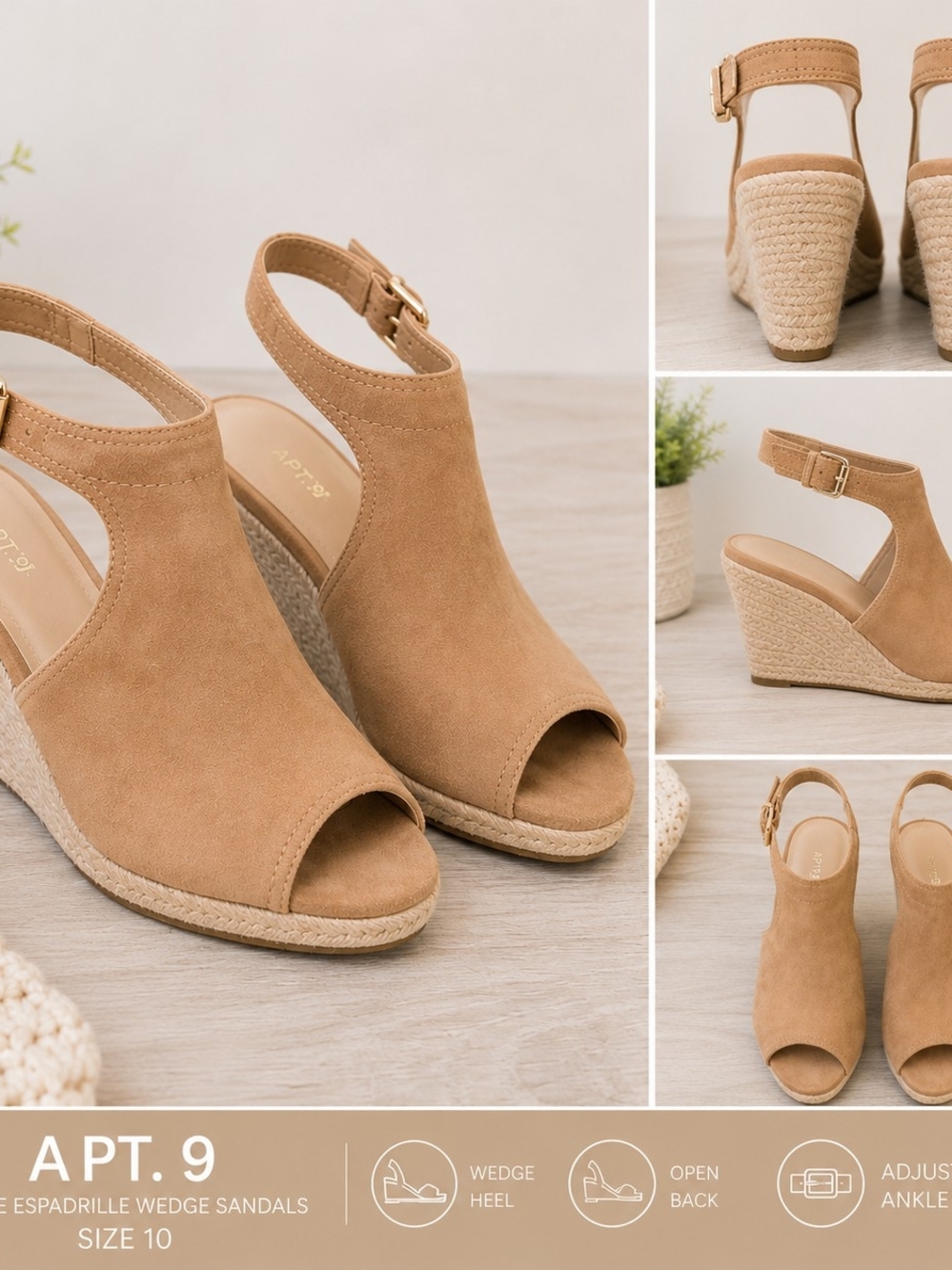 Apt. 9 Tan Suede Espadrille Wedge Sandals Size 10 Ankle Strap Peep Toe READ